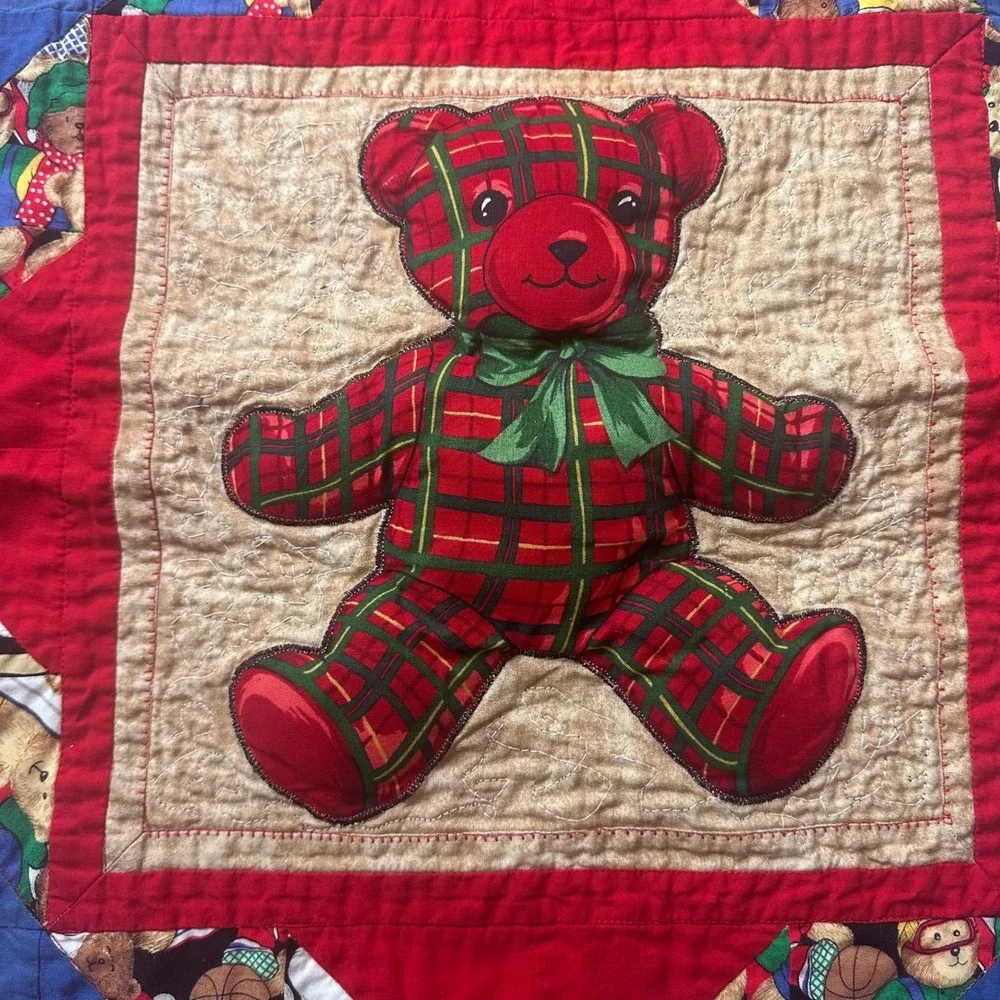 Handmade Teddy Bear Patchwork Quilt Raised Plush Appliqué Colorful Throw Blanket